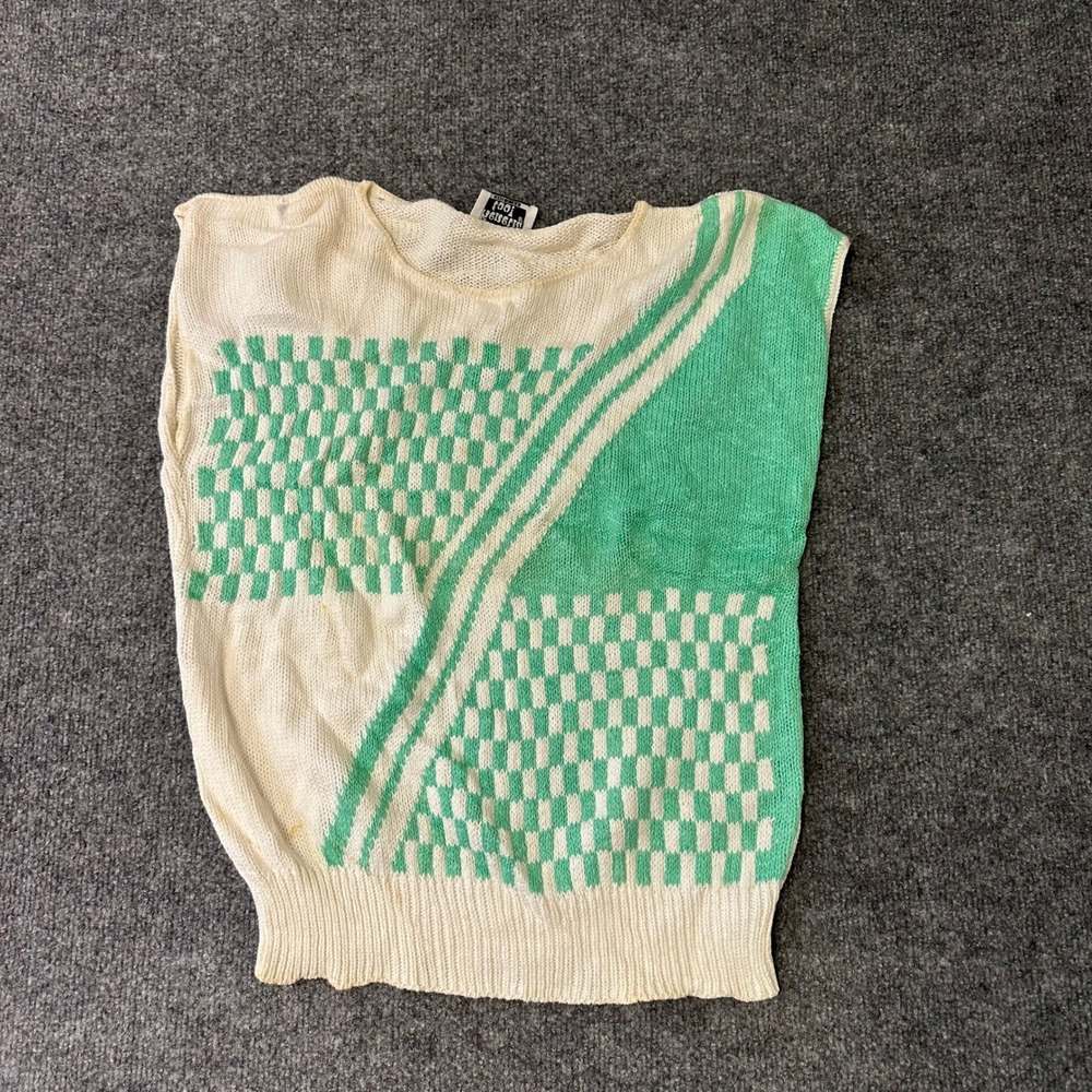 Keneth Too! Knit Sweater Womens Size M Cream Mint Green Geometric USA Vintage